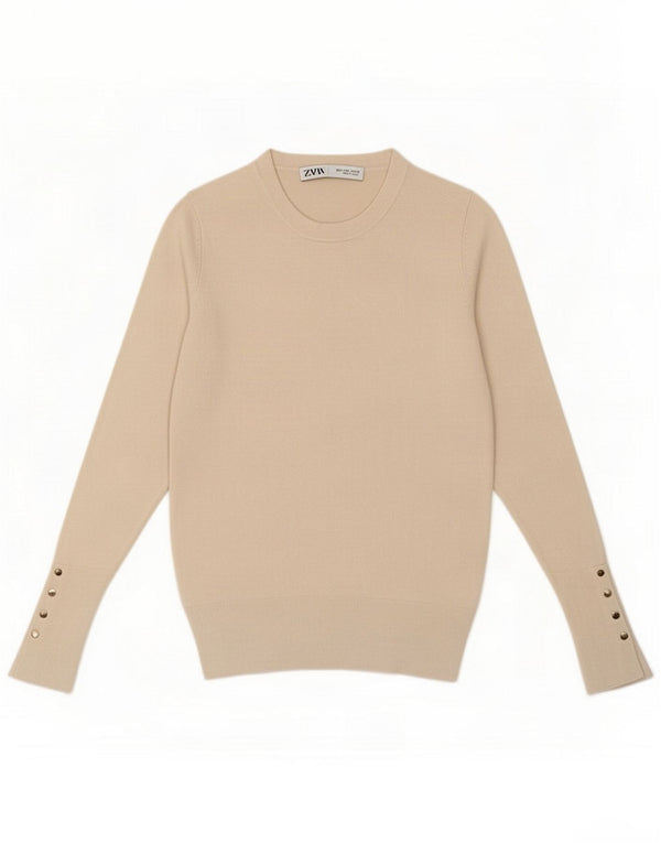 Zara Damen-Pullover mit Rundhalsausschnitt, UK 10, kleine beige Viskose