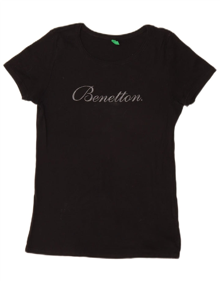 BENETTON Damen Grafik-T-Shirt-Oberteil UK 16 Small Schwarz