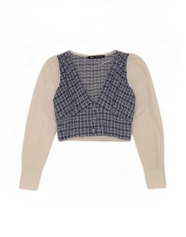 Zara Damen Crop Langarmbluse Top UK 4 XS Blau karierte Baumwolle