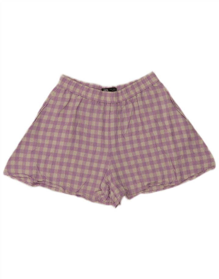Zara Damen-Freizeitshorts, Größe S, W26, Lila, Gingham-Leinen