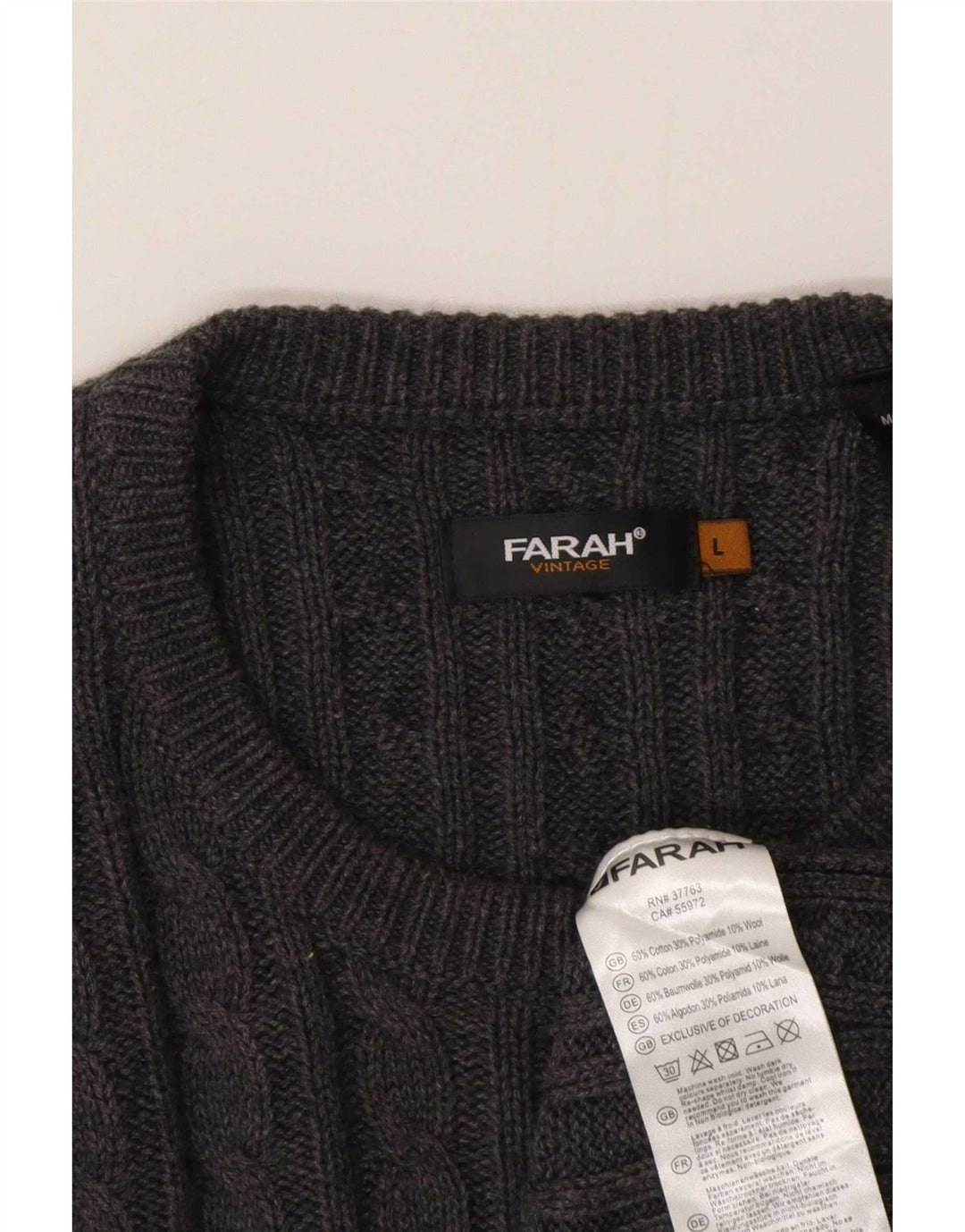 Farah Herren Vintage-Pullover mit Rundhalsausschnitt, groß, aus grauer Baumwolle