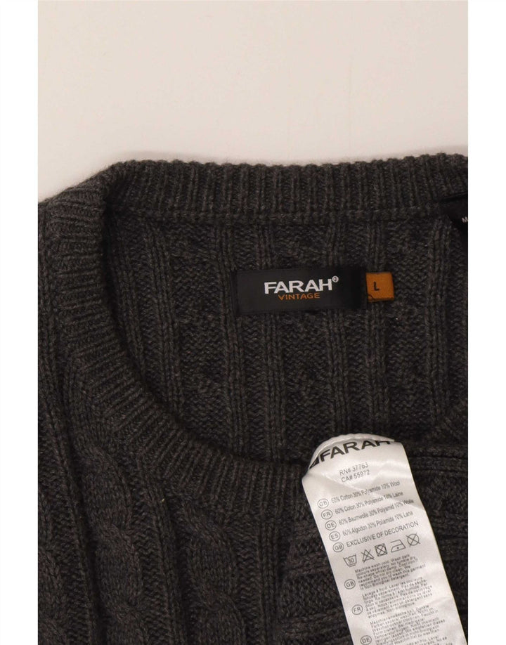 Farah Herren Vintage-Pullover mit Rundhalsausschnitt, groß, aus grauer Baumwolle