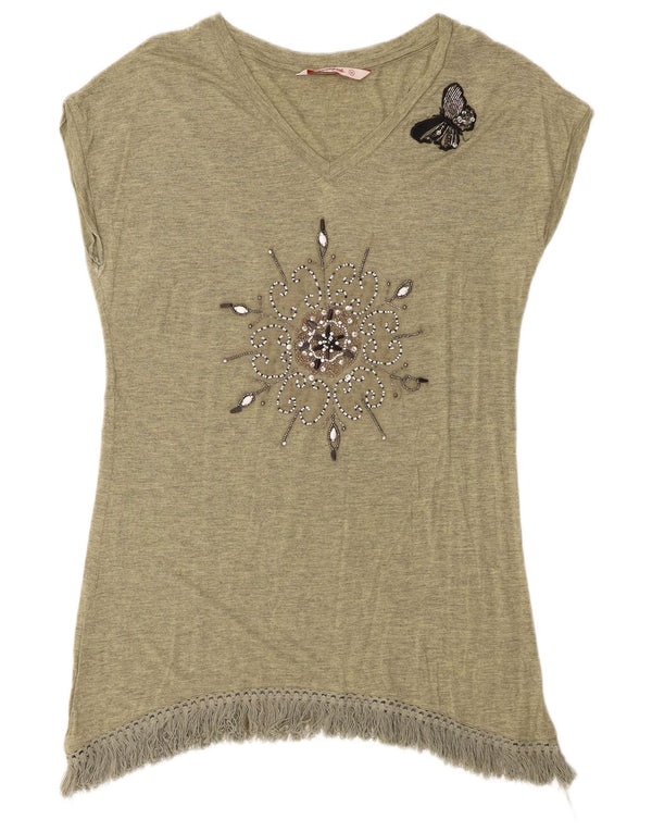 Desigual Damen Grafik-T-Shirt-Oberteil UK 12 Mittelgrün