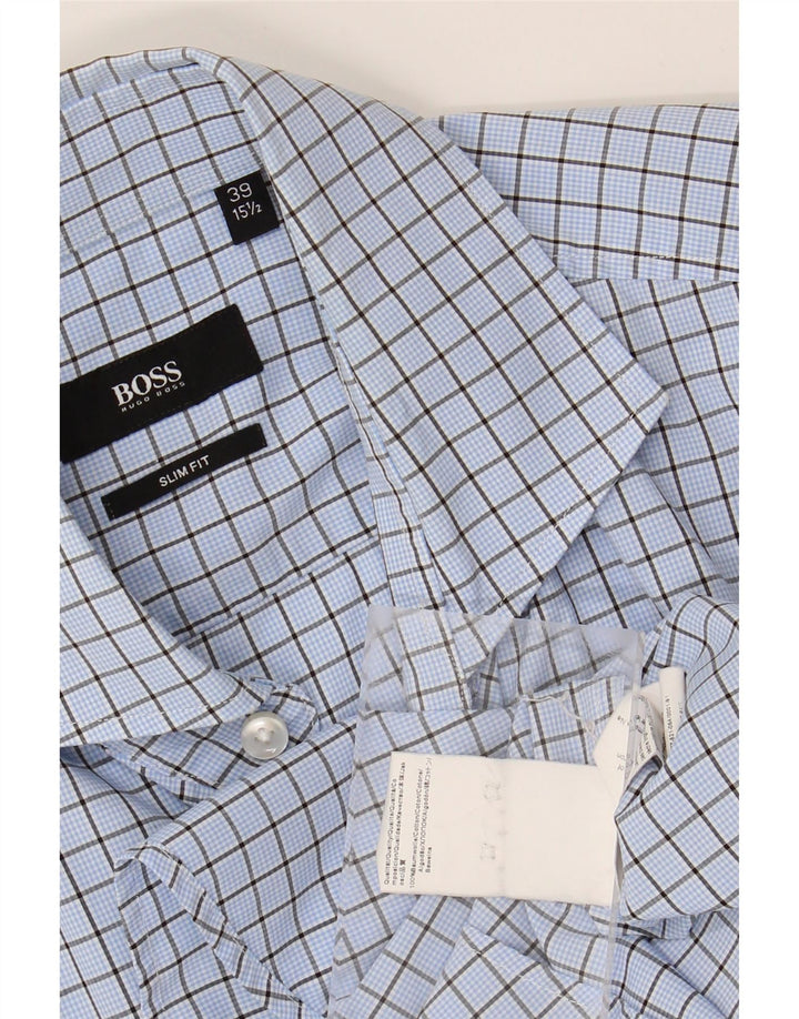 HUGO BOSS Herren Slim Fit Hemd Größe 39 15 1/2 mittelblau karierte Baumwolle