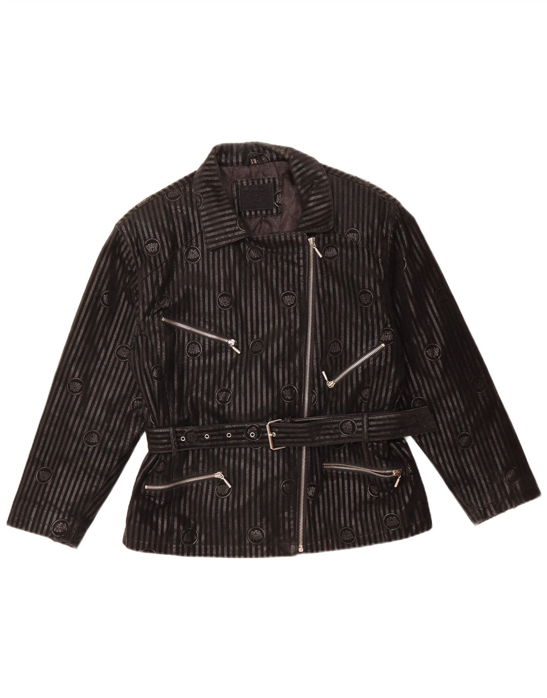 VINTAGE Womens Leather Biker Jacket IT 42 Medium Black Striped Leather