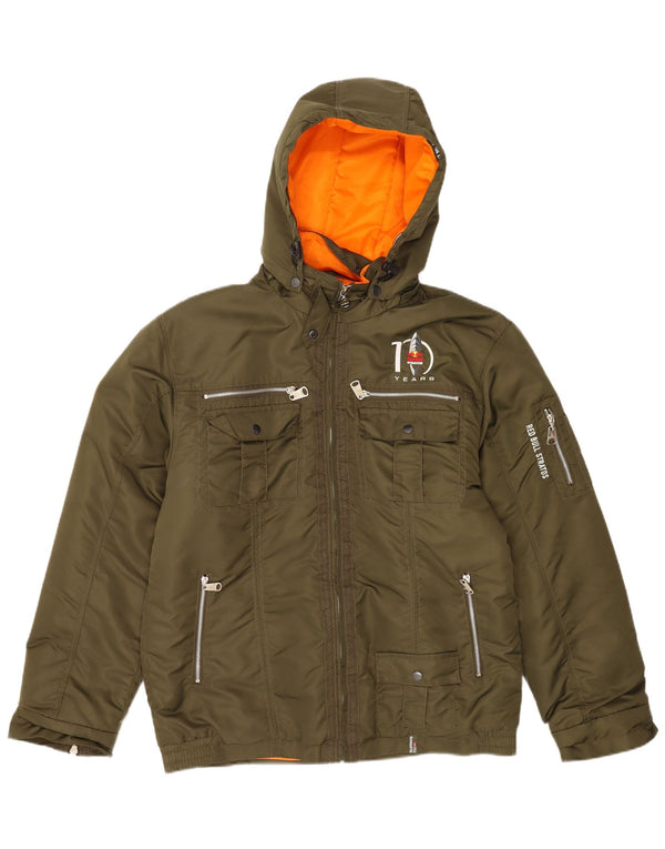 Wattierte Vintage-Herrenjacke mit grafischer Kapuze, UK 44 2XL, Khaki-Nylon