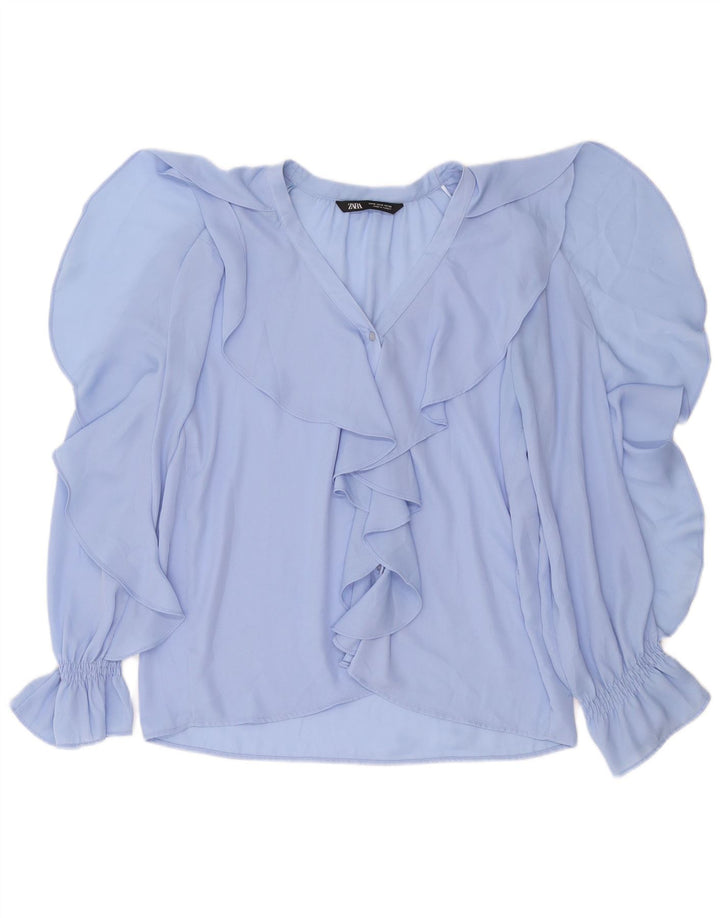 ZARA Damen Hemdbluse mit Rüschen vorne, UK 14, Mittelblau