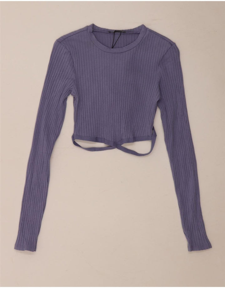 Zara Damen Crop Top Langarm UK 10 Small Blaue Baumwolle