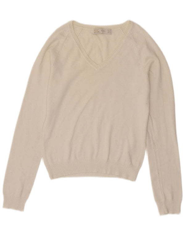 Zara Damen Crop V-Ausschnitt Pullover Pullover UK 8 Small Weiße Baumwolle