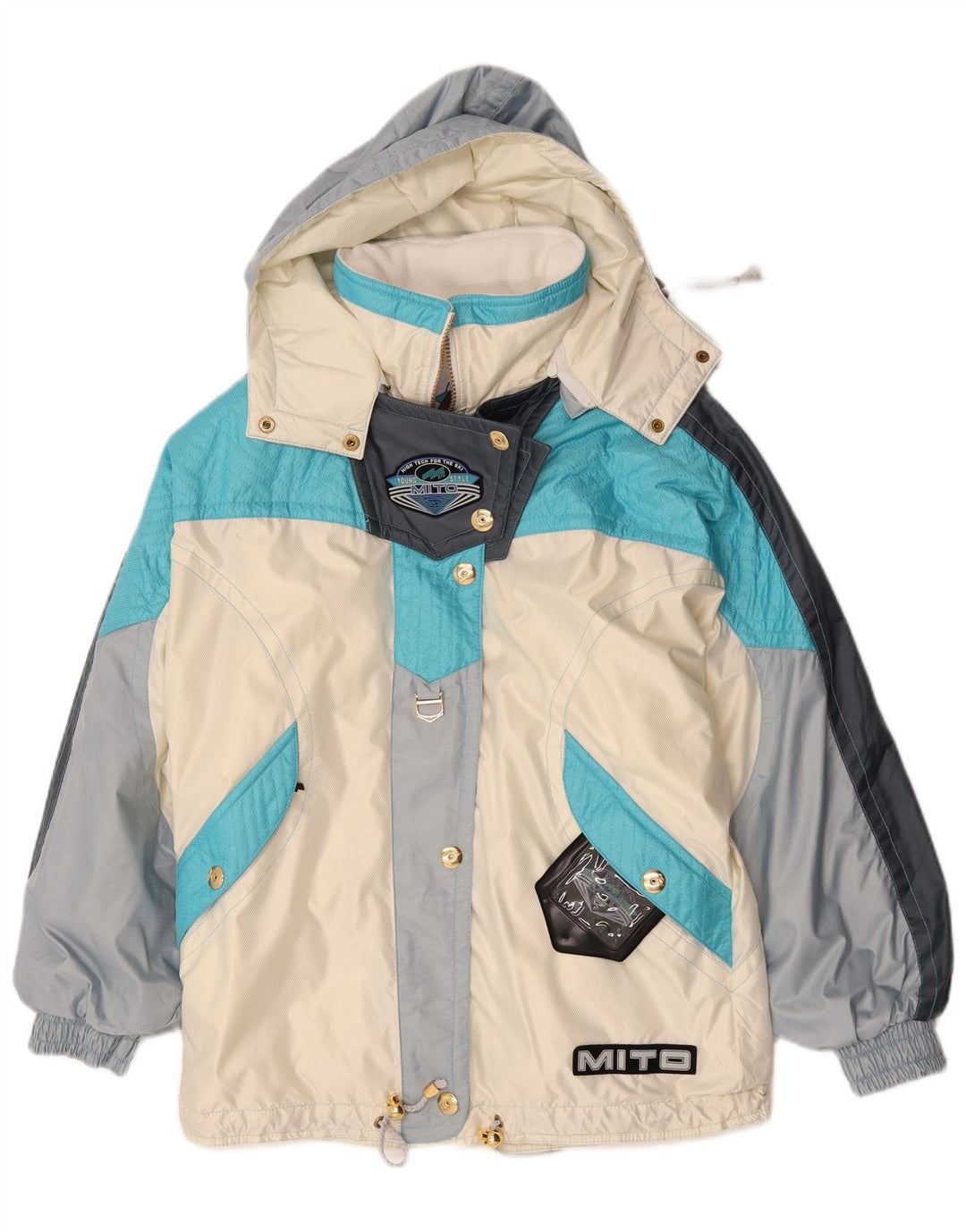 Vintage Damen-Skijacke mit Kapuze, EU 42, großes blaues Farbblock-Polyester