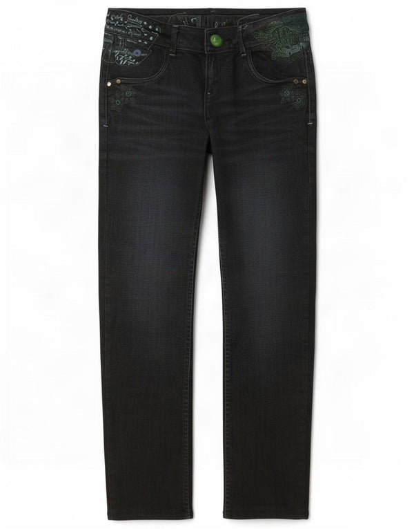 Desigual Damen Straight Jeans EU 40 Medium W32 L29 Marineblaue geblümte Baumwolle