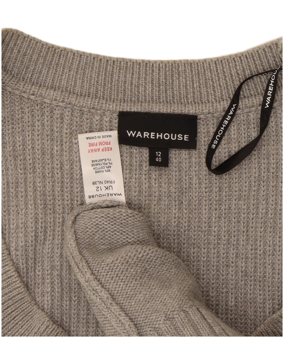 WAREHOUSE Damen-Pullover mit 3/4-Ärmeln und U-Boot-Ausschnitt, Größe UK 12, Mittelgrau