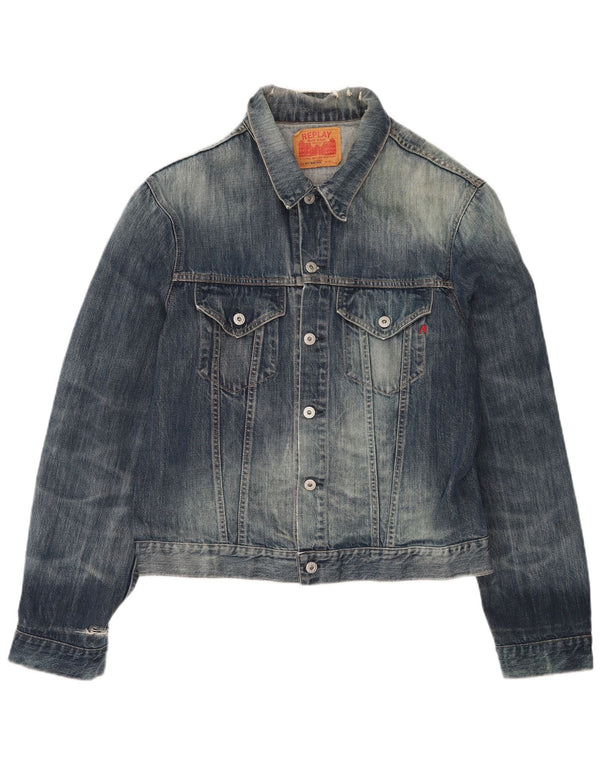 Replay Herren-Jeansjacke im Distressed-Look mit Acid-Waschung, UK 44, 2XL, blaue Baumwolle
