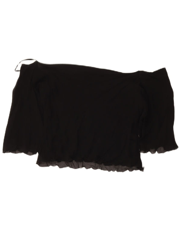 Vintage Damen Crop 3/4 Ärmel Off Shoulder Top UK 18 XL Schwarz geblümte Seide