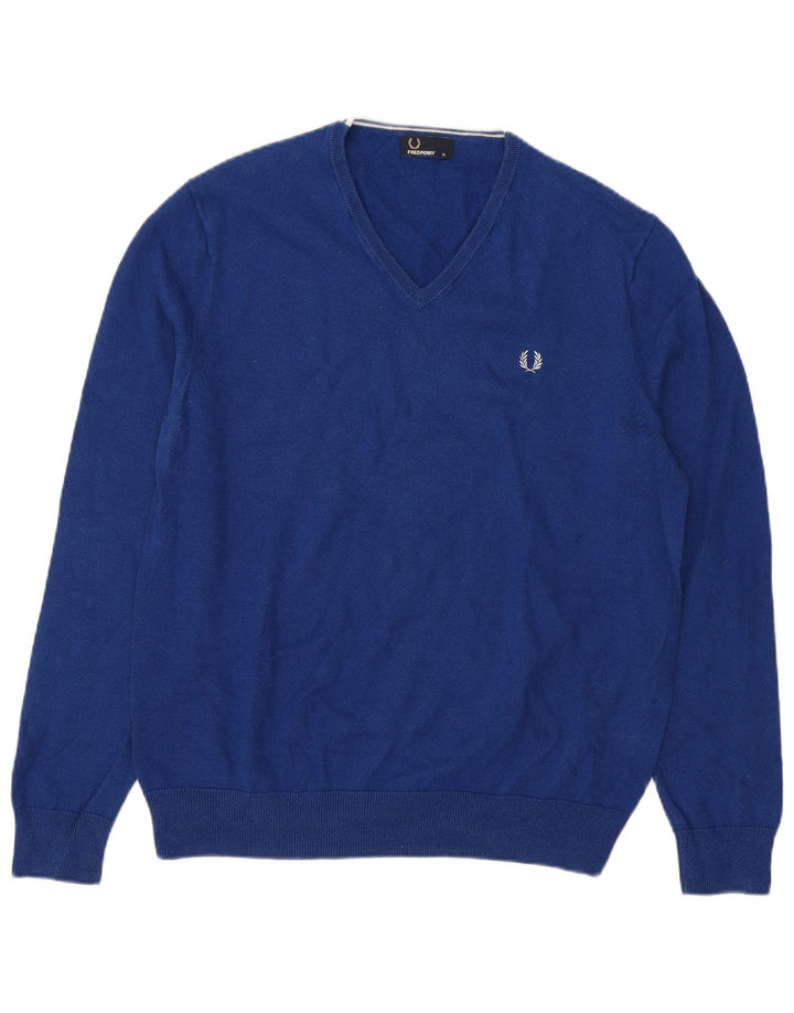 Fred Perry Herren-Pullover mit V-Ausschnitt, XL, blaue Wolle