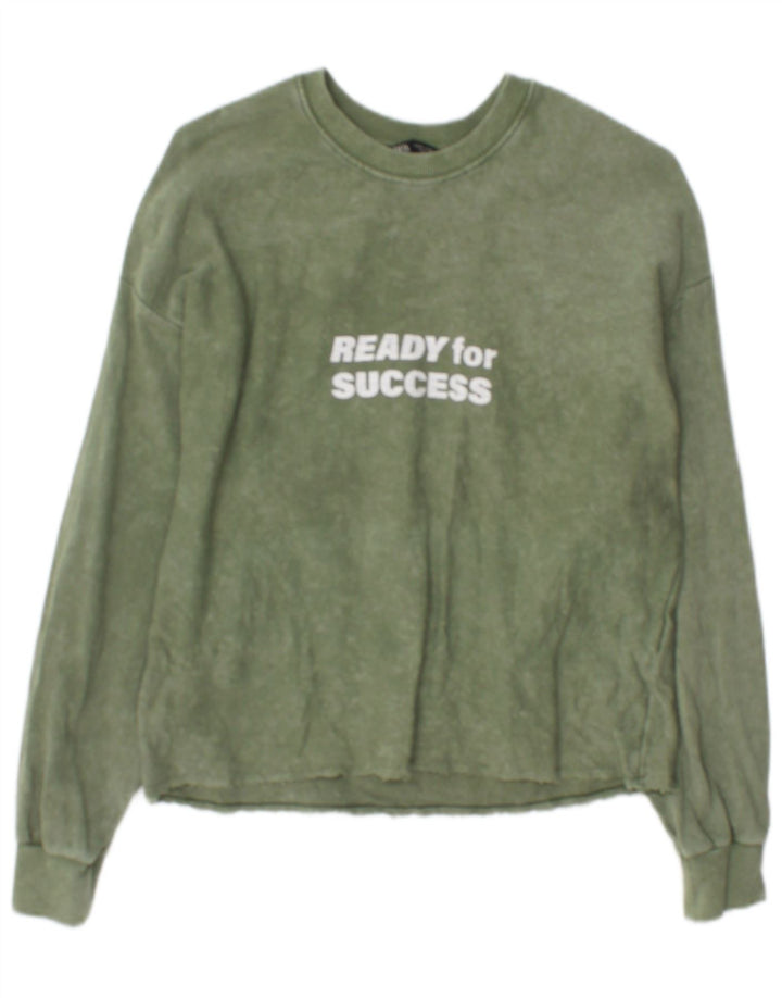 Zara Damen Grafik-Sweatshirt-Pullover UK 14 Mittelgrüne Baumwolle