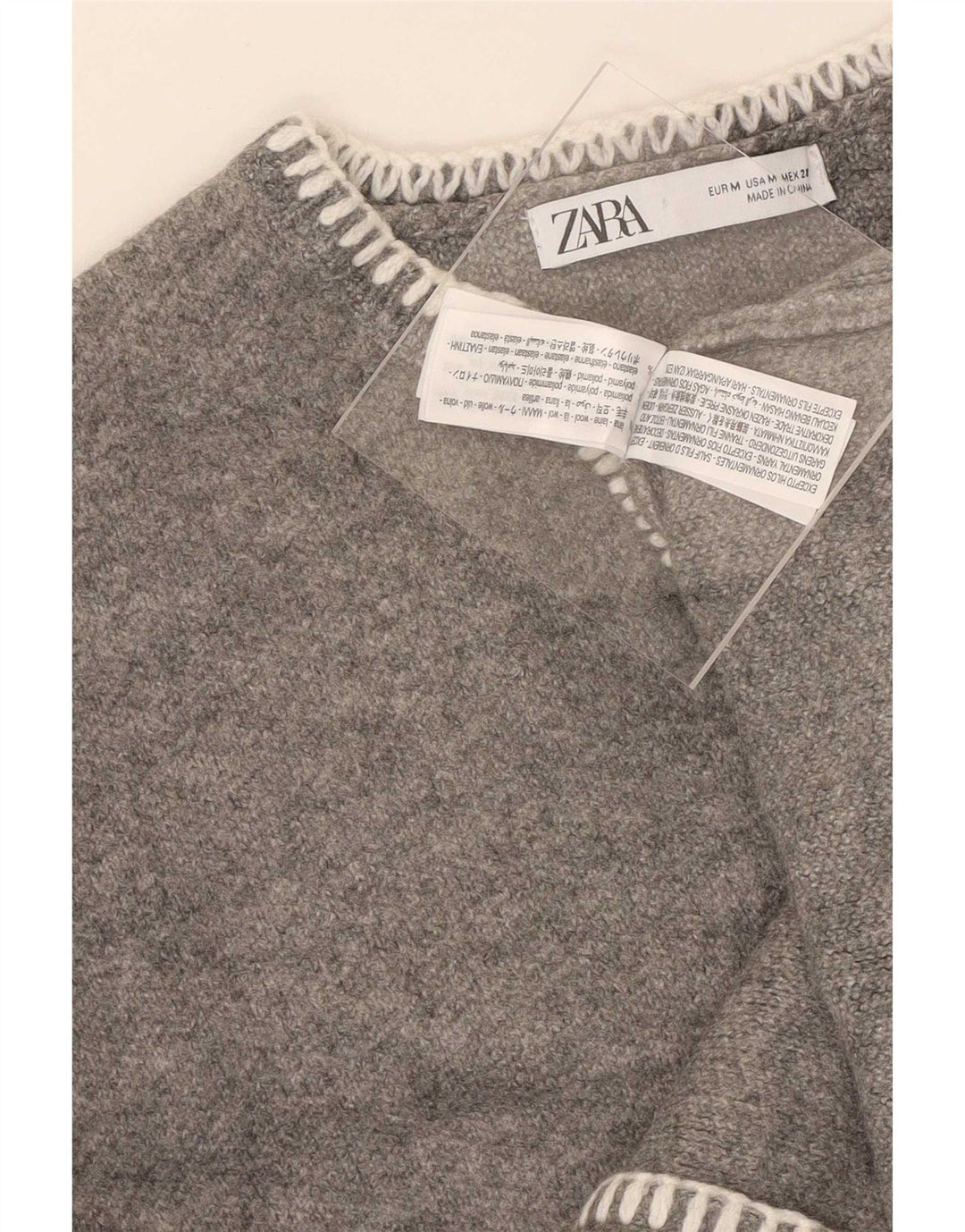 Zara Damen Crop Oversized Pullover mit V-Ausschnitt UK 12 Mittelgraue Wolle