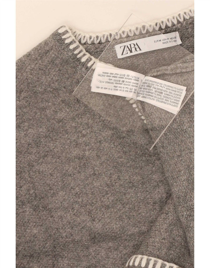 Zara Damen Crop Oversized Pullover mit V-Ausschnitt UK 12 Mittelgraue Wolle
