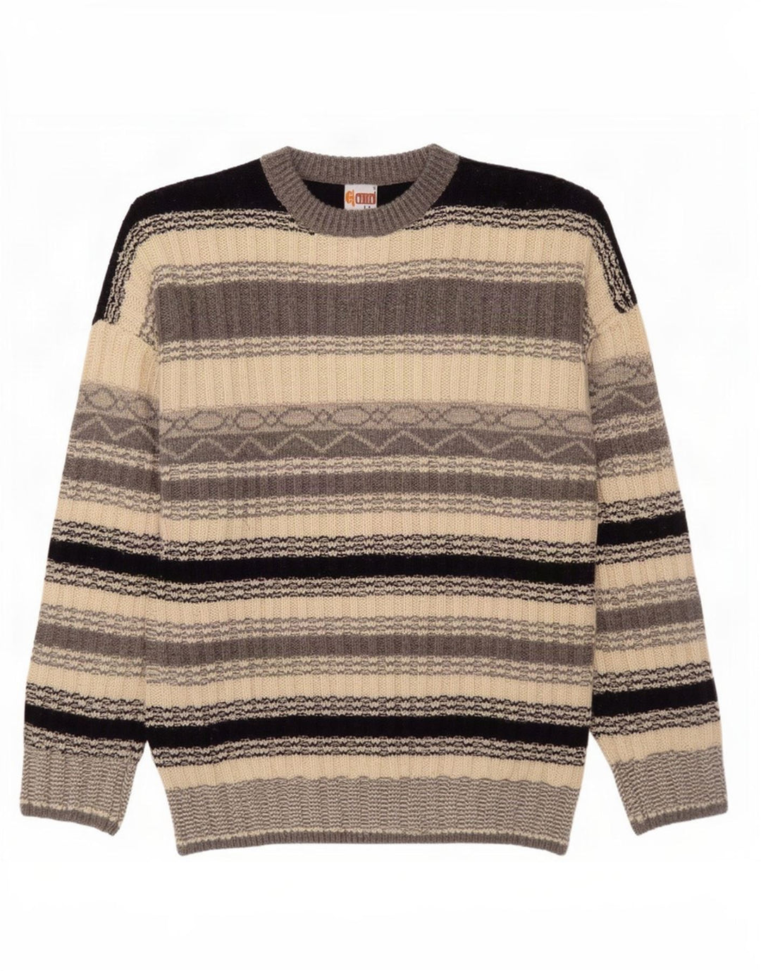 Vintage Herren Pullover mit Rundhalsausschnitt, groß, grau gestreift