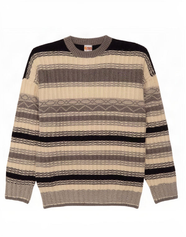 Vintage Herren Pullover mit Rundhalsausschnitt, groß, grau gestreift