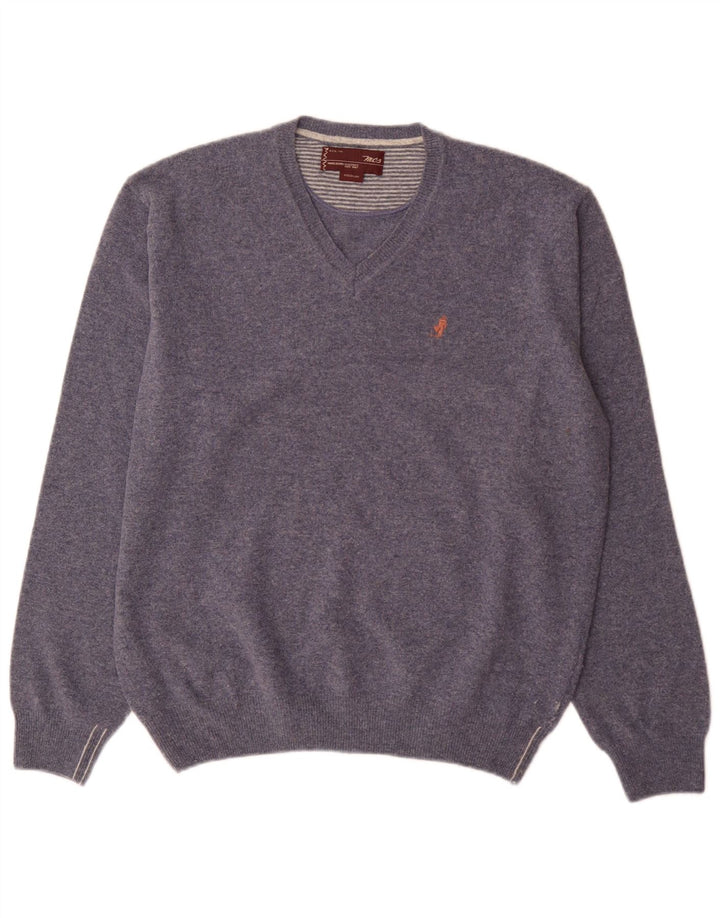 Marlboro Classics Herren-Pullover mit V-Ausschnitt aus mittelblauer Wolle
