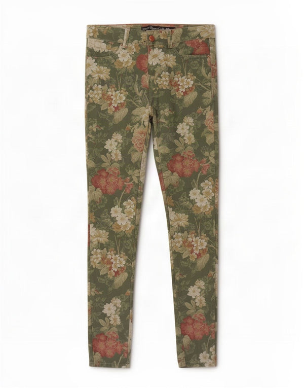 Zara Damen Trafaluc Skinny Jeans EU 34 2XS W24 L30 Grün geblümte Baumwolle