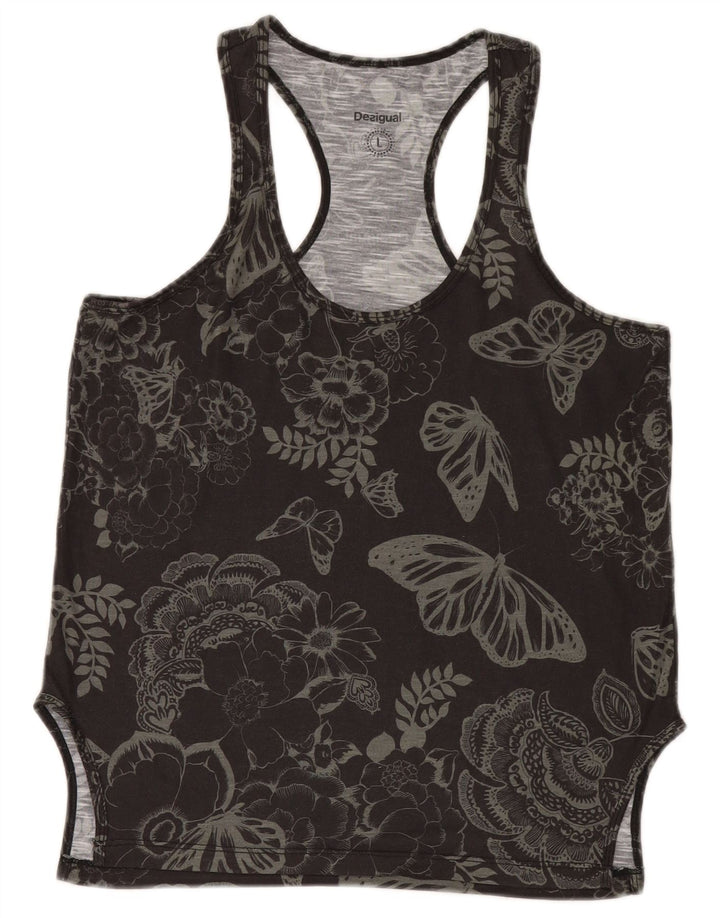 Desigual Womens Graphic Vest Top UK 14 Large Black Floral