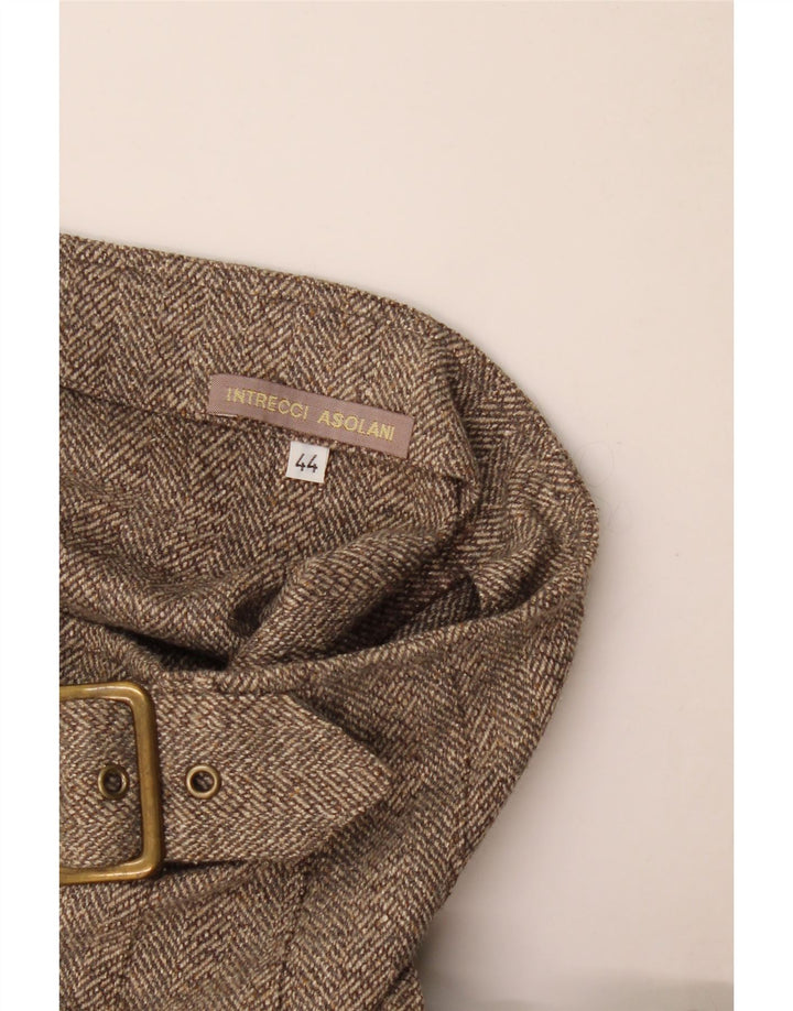 Vintage Damen Faltenwickelrock IT 44 Medium W30 Braunes Fischgrätenmuster