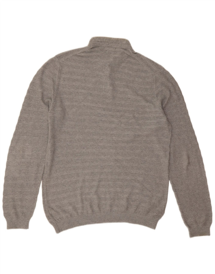 Massimo Dutti Herren-Pullover mit Knopfkragen, XL, grau gestreift, Baumwolle