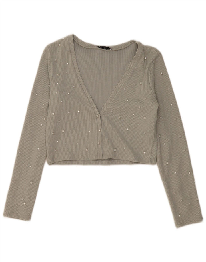 Zara Damen Crop Cardigan Top UK 14 Large Grau Polyester