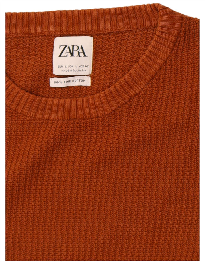 Zara Herren-Pullover mit Rundhalsausschnitt, groß, braune Baumwolle