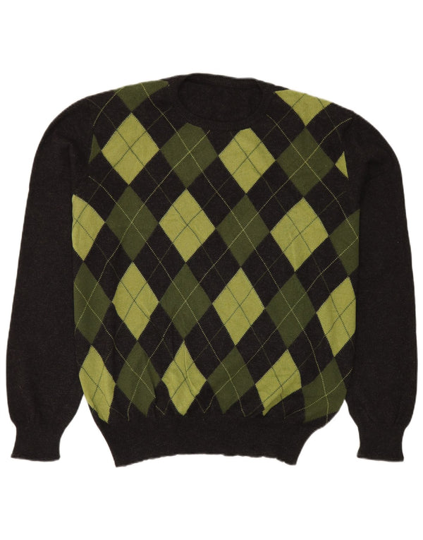 Vintage Herren Pullover mit Rundhalsausschnitt IT 54 XL Schwarz Argyle/Diamant