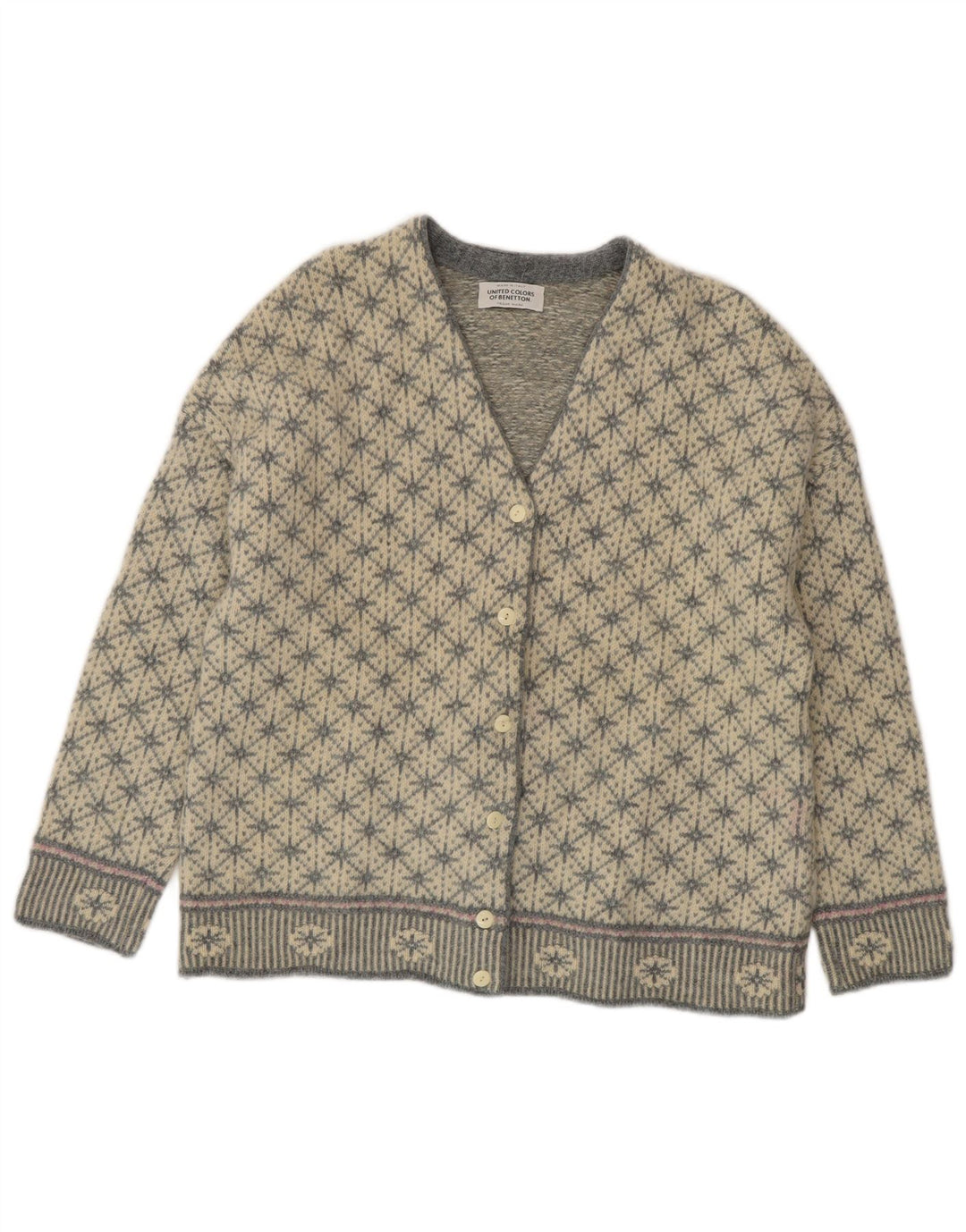 BENETTON Damen-Strickjacke in Übergröße, Gr. 10, Größe S, Grau, Fair Isle