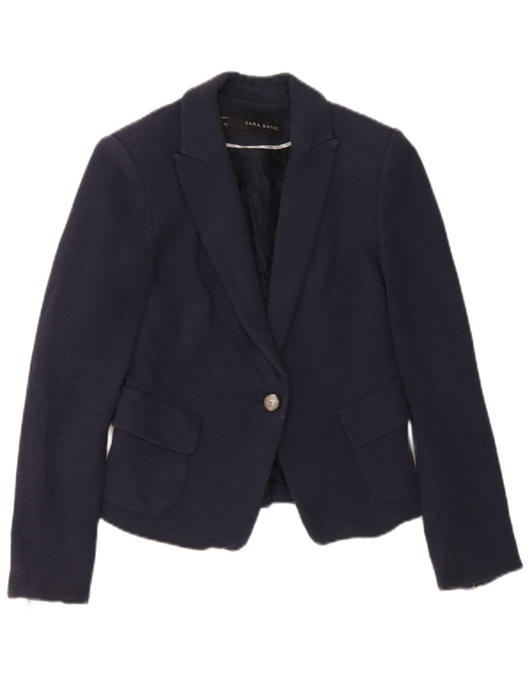 Zara Damen 1-Knopf-Blazerjacke UK 6 XS Marineblaue Baumwolle
