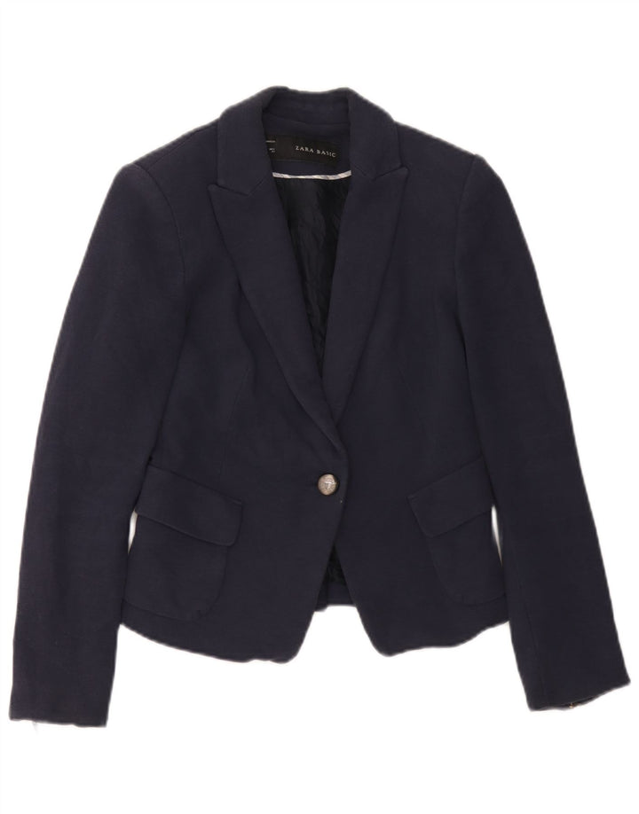 Zara Damen 1-Knopf-Blazerjacke UK 6 XS Marineblaue Baumwolle