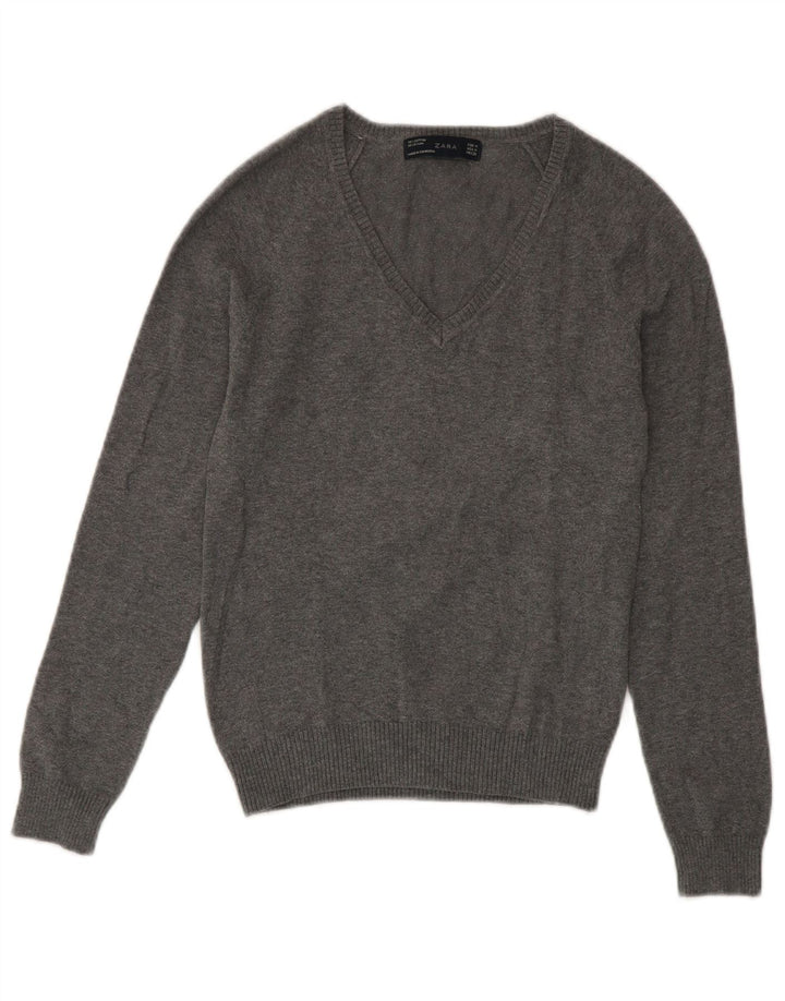 Zara Damen-Pullover mit V-Ausschnitt, UK 12, mittelgraue Baumwolle