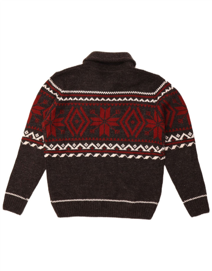 Vintage Herren Schalhalspullover Pullover Mittelgrau Fair Isle