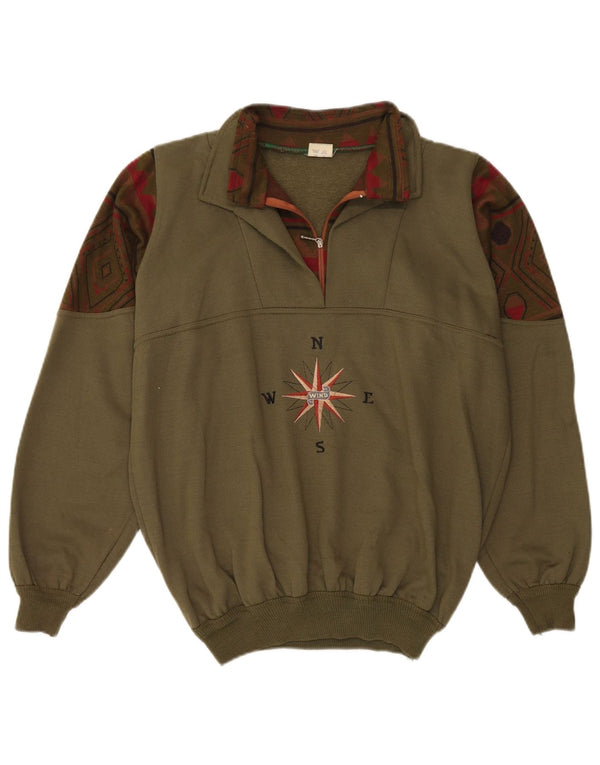 Vintage Herren-Sweatshirt mit grafischem Reißverschluss, groß, Khaki, geometrisch