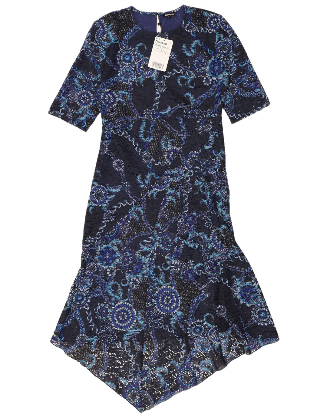 Desigual Asymmetrisches Spitzenkleid für Damen, UK 12, mittleres Marineblau mit Blumenmuster
