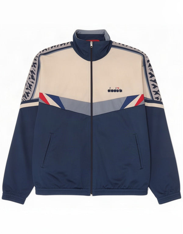 Diadora Herren Grafik-Trainingsanzug-Topjacke UK 44 XL Marineblau Farbblock