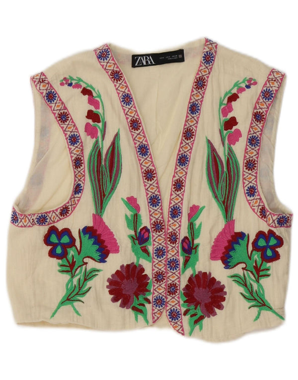 Zara Damen Weste UK 10 Small Weiß geblümt Baumwolle