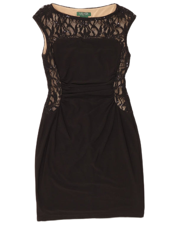 Ralph Lauren Damen ärmelloses Etuikleid US 6 Medium Schwarz geblümt