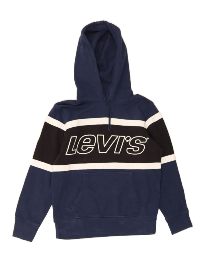LEVI'S Mens Graphic Hoodie Jumper Small Navy Blue Colourblock Vintage Levi's and Second-Hand Levi's from Messina Hembry 