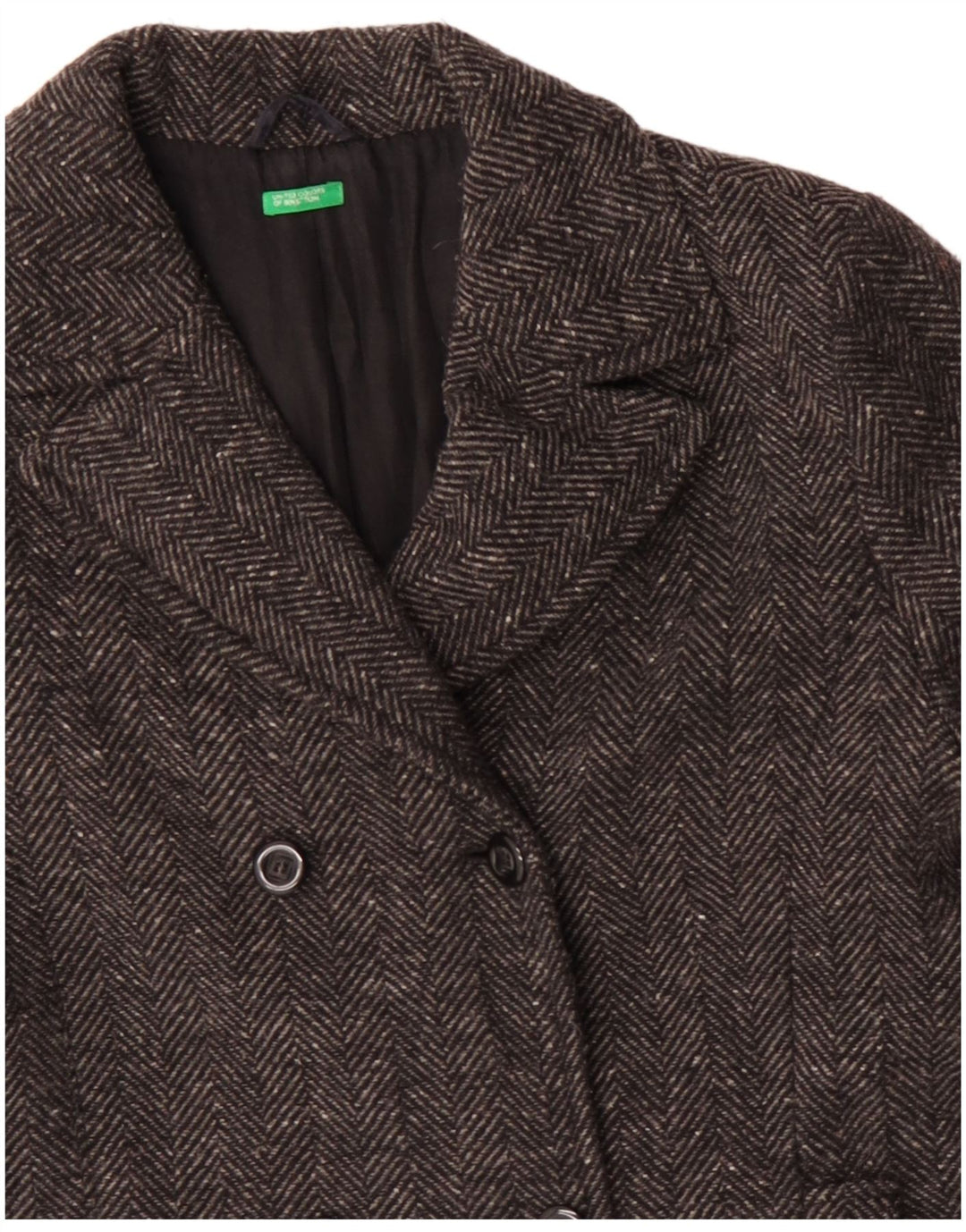 Benetton Damen Pea Coat UK 14 Mittelgraues Fischgrätenmuster