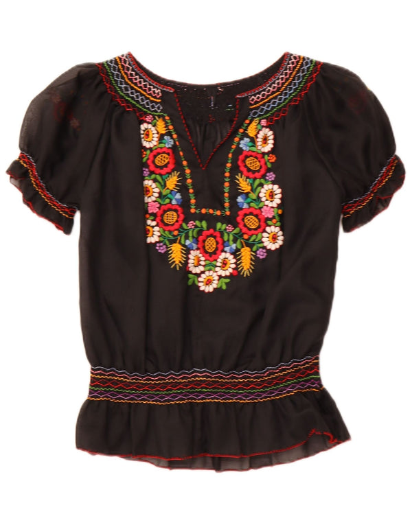 VINTAGE Damen Durchsichtiges Blusentop UK 16 Großes schwarzes Blumenmuster