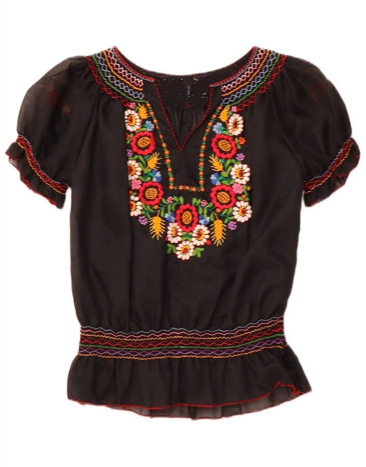 VINTAGE Damen Durchsichtiges Blusentop UK 16 Großes schwarzes Blumenmuster