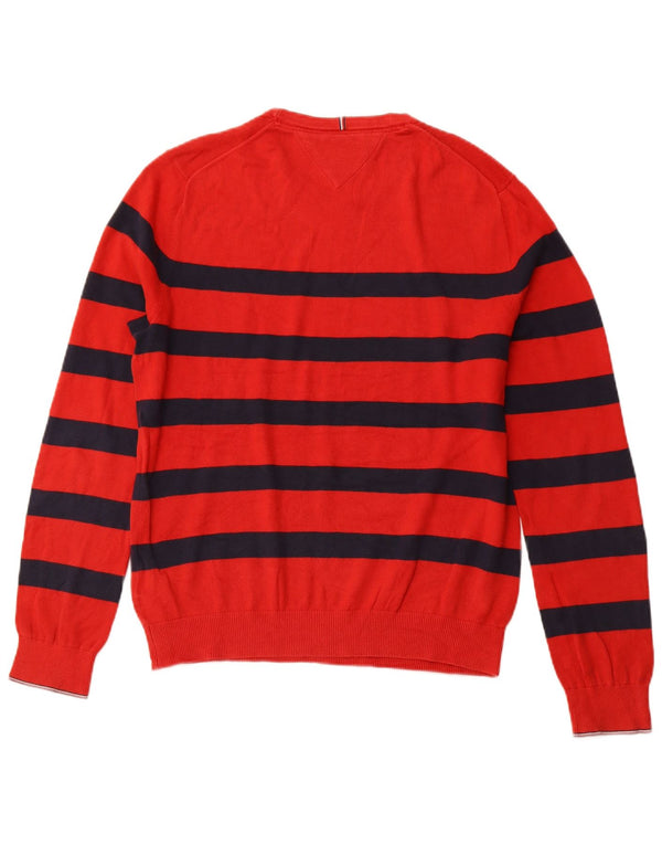TOMMY HILFIGER Herren-Pullover mit Rundhalsausschnitt, mittelrot, gestreift, Baumwolle