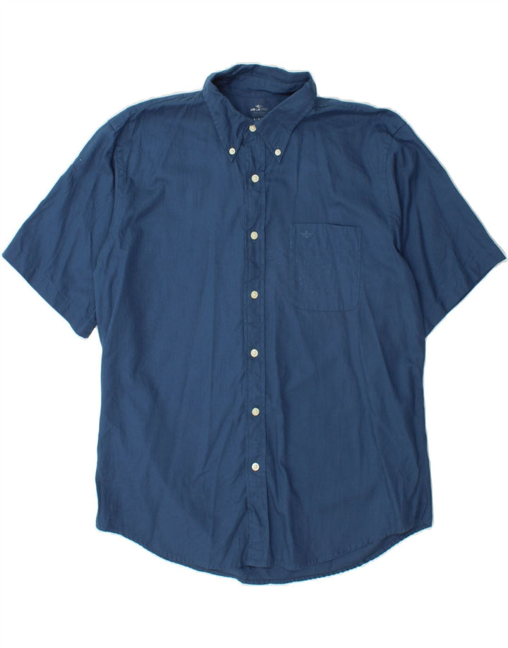 DOCKERS Mens Short Sleeve Shirt Size 16 1/2 Large Blue Herringbone Cotton Vintage Dockers and Second-Hand Dockers from Messina Hembry 