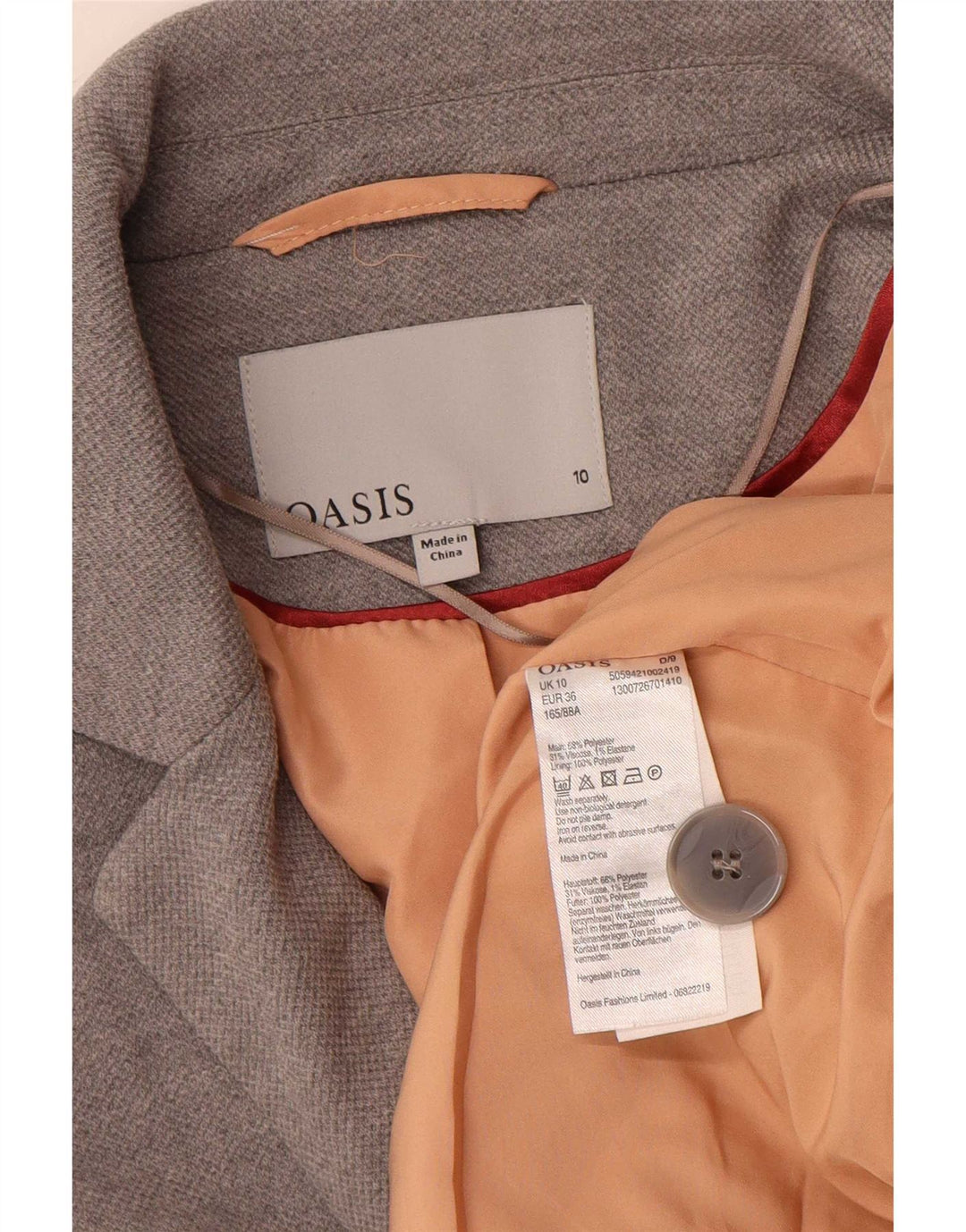 Oasis Damen-Blazer mit lockerer Passform, 1 Knopf, Gr. 10, Größe S, Grau, Polyester