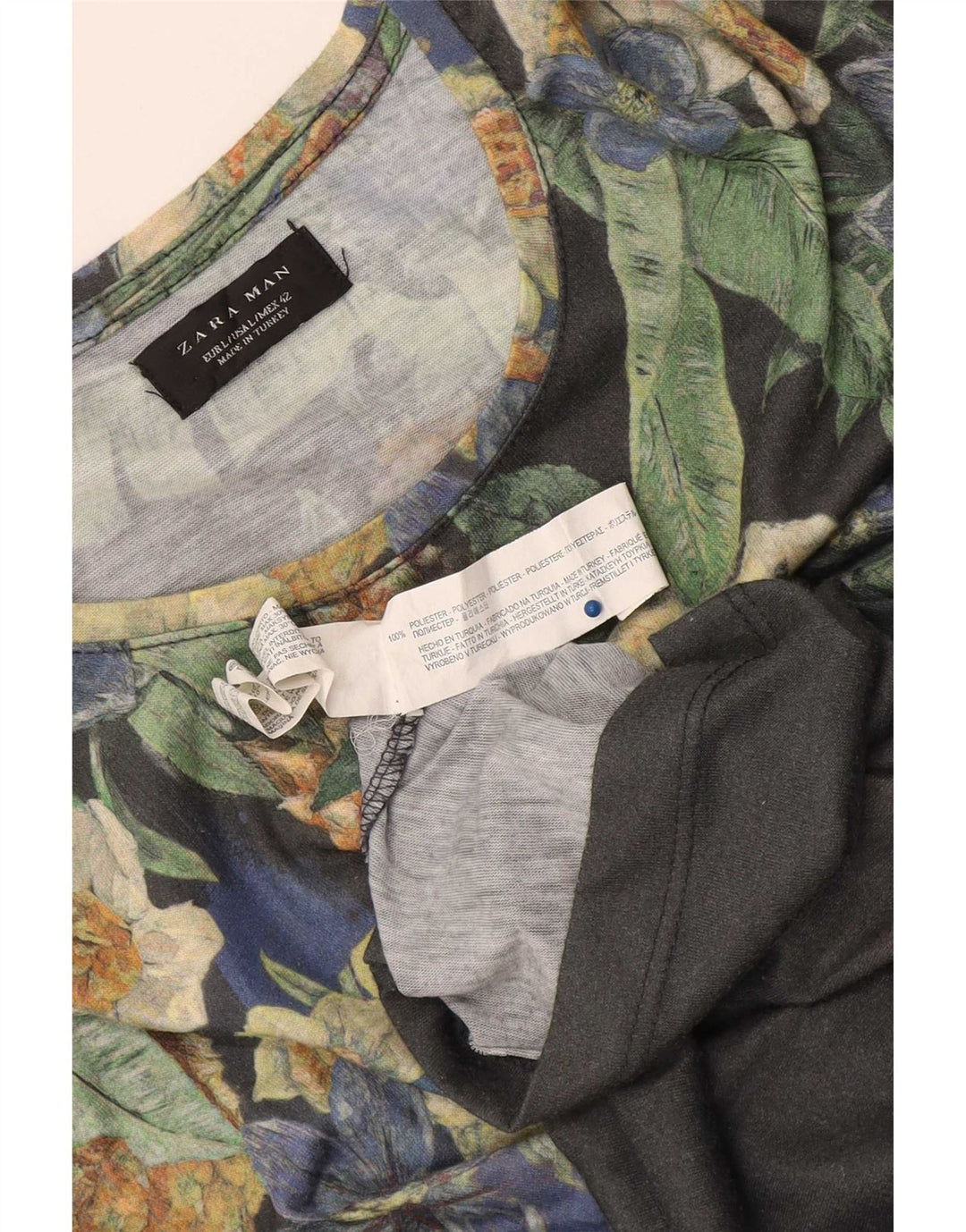 Zara Herren-T-Shirt mit Grafik, groß, grau, geblümt, Polyester